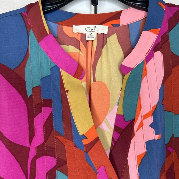 EASEL BOHO MULTI ABSTRACT LEAF PRINT LONG SLEEVE BUTTON-UP TOP M - Picture 3 of 11